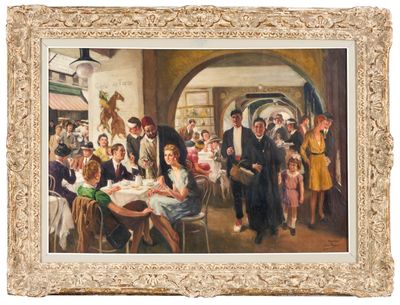 une peinture à l'huile représentant un groupe de personnes assises autour d'une table