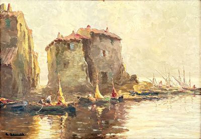 a painting of boats in the water near a castle