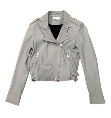 the leather jacket is grey and has a zippered collar
