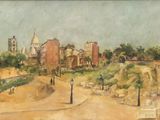 painting of a view of a town with a church in the distance