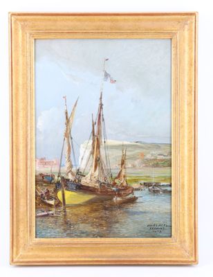 une peinture à l'huile représentant un voilier dans un port, entouré d'autres bateaux