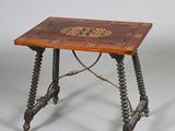 an image of a small table with a wooden top and metal legs