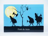 a painting of three witches on horseback with a full moon in the background
