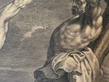a drawing of a man on a cross with a man on a horse