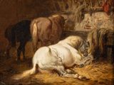 painting of two horses in a stable with a cow in the background