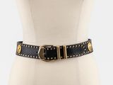 ceinture en cuir noir avec des boucles dorées et des clous, sur un mannequin, mannequin, mannequin, mannequin, mannequin, mannequin, manne
