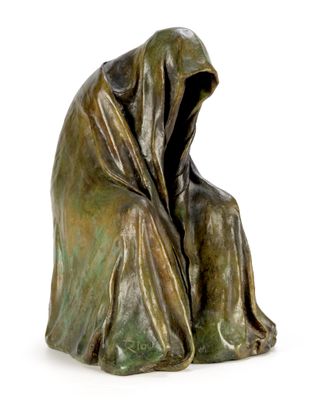 bronze sculpture of a woman sitting on her knees with a hood over her head