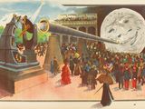 painting of a crowd of people watching a large telescope being held by a man