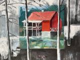 a painting of a red house in the woods