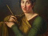 an oil painting of a woman holding a stick in her hand