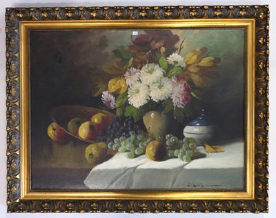 a painting of a vase of flowers and fruit on a table