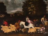 painting of a group of people with animals and sheep in a field