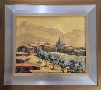 une peinture à l'huile représentant un village avec une église au loin