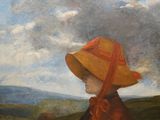 a painting of a little girl wearing a red dress and a yellow hat