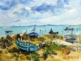 une peinture de bateaux sur la plage au bord de l'eau