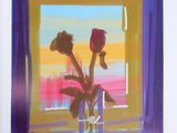 a painting of flowers in a vase on a window sill