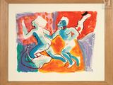 painting of a couple of nudes playing tennis in a room