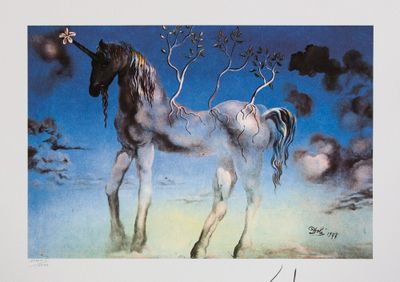 an image of a painting of a horse with a tree in the background