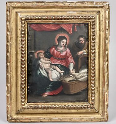 une image représentant un tableau où l'on voit une femme tenant un bébé dans un panier