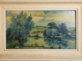 an oil painting of a landscape with trees and a river in the foreground