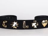 a close up of a black belt with gold charms on it