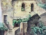 une aquarelle représentant un bâtiment et une fontaine