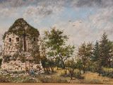 painting of an old stone building in a field with trees in the background