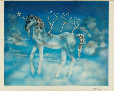 une image représentant un tableau d'un cheval blanc avec un arbre sur le dos