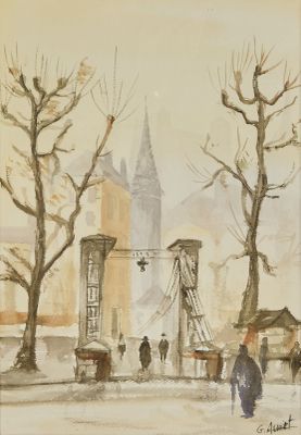 a painting of people walking down the street with umbrellas