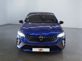 the front view of a blue car in a showroom