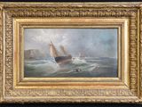 un tableau représentant un bateau sur une mer agitée, avec un homme au premier plan
