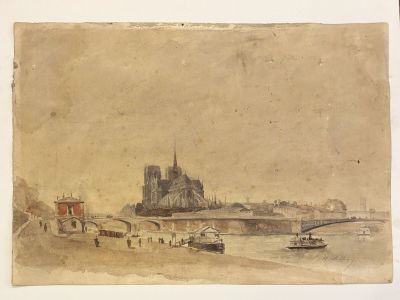 painting of a view of a city with a bridge and a boat