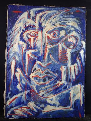 a painting of a man ' s face with blue and red paint