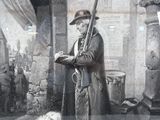 painting of a man with a rifle and a dog in a courtyard