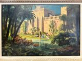 an oil painting of a castle in the middle of a forest