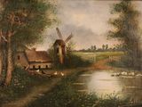 a painting of a windmill in a field next to a body of water