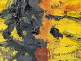 an abstract painting of yellow and black paint on a canvas