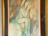 tableau représentant une femme assise sur un lit dans une chambre