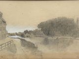 dessin représentant une vue sur une rivière avec un pont au loin