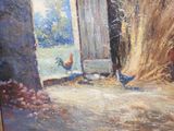 a painting of a rooster and chickens in the doorway of a barn