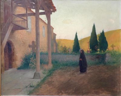 tableau représentant une femme debout devant un bâtiment dans une cour