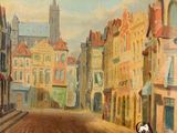 un tableau représentant un cheval et une calèche dans une rue de la ville