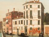 a painting of a canal with gondolas on it