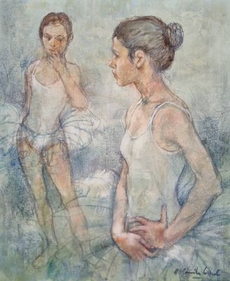tableau représentant une femme en robe blanche debout à côté d'une autre femme en robe blanche