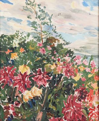 un tableau représentant des fleurs dans un champ, avec le ciel en arrière-plan