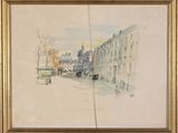an image of a painting of a street scene with a horse drawn carriage