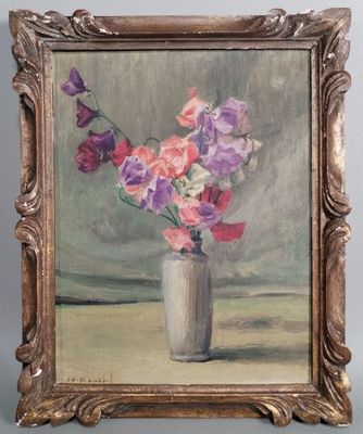une peinture à l'huile représentant un vase avec des fleurs sur une table