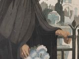 tableau représentant une femme vêtue d'une robe noire, debout devant une clôture