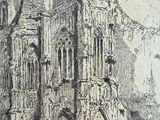 drawing of an old building with a clock tower in the middle of it