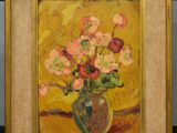 painting of a vase of flowers on a table with a yellow background